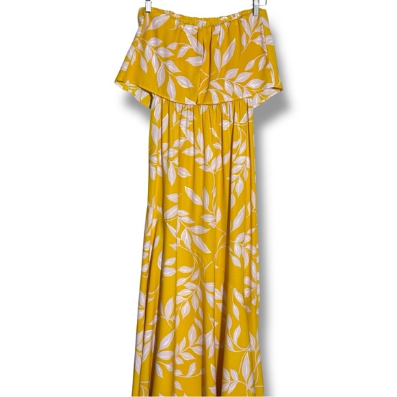 Tyche Bright Yellow with White Leaf Pattern Cinched Waist Strapless Maxi Dress - Picture 16 of 16